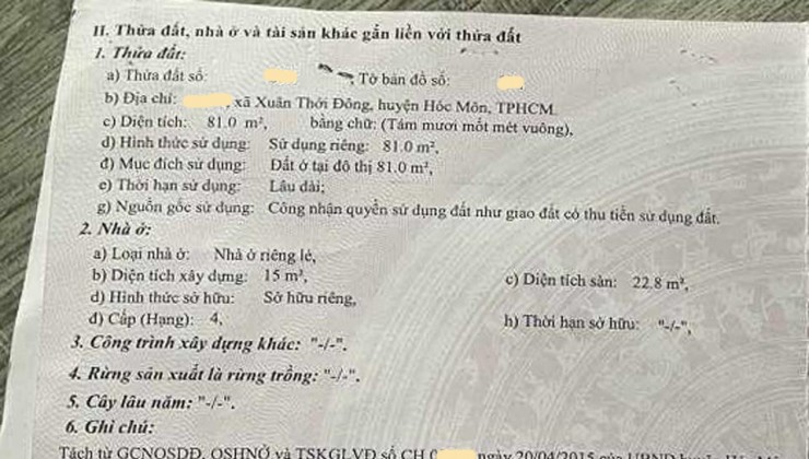 Bán đất Xuân Thới 5 X. Xuân Thới Đông Huyện Hóc Môn, 81m2, giá chỉ 3.x tỷ